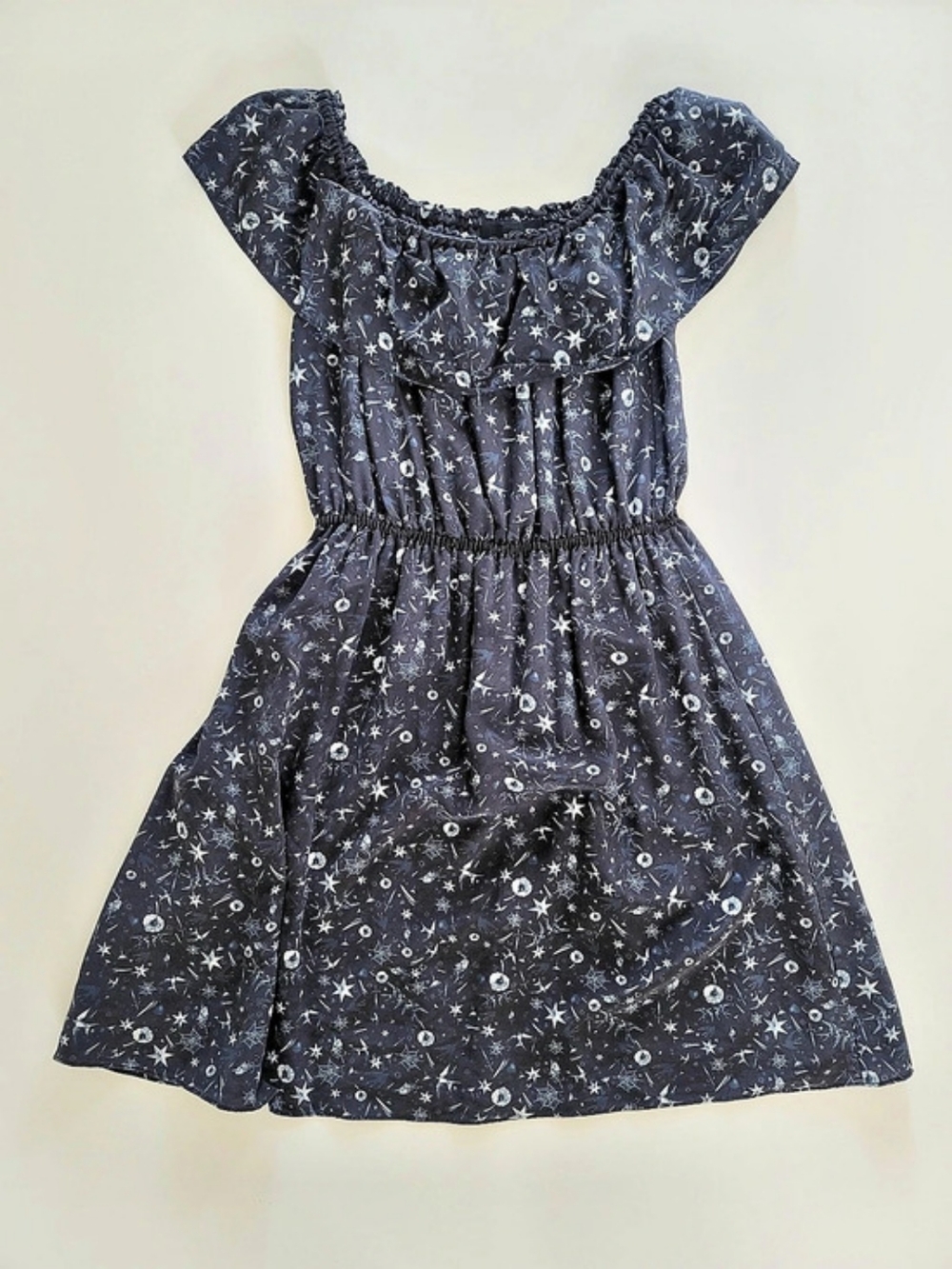 The Kooples Witchy/Celestial Tattoo Print Silk Ruffle Mini Dress Black Gothic XS
